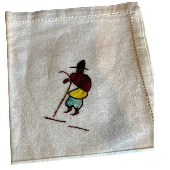 Indigenous People Hand Embroidered Hemstitch Linen Cocktail Napkins - Picture 1 of 6